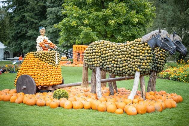 In der Gartenschau in Kaiserslautern beginnt am Sonntag (01.09.2019) die Kürbisausstellung Römer . Rund 50.000 Kürbisse zieren zahlreiche meterhohe Figuren. Auch Asterix, Obelix und Cäsar dürfen dabei nicht fehlen. *** At the garden show in Kaiserslautern on Sunday 01 09 2019, the pumpkin exhibition Römer (Romans) starts The pumpkins of around 50 000 adorn numerous metre-high figures Asterix, Obelix and Caesar are also part of the show