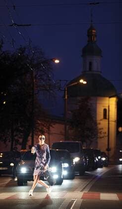 A model walks along a zebra crossing as she wears a creation during the Safe Fashion performance at the Ukrainian Fashion Week SS20, Kyiv, capital of Ukraine, September 4, 2019. The performance showcased outfits by the finalists of the Safe Fashion Contest. Designers were to create collections of clothing and accessories with reflective elements to promote road safety. Ukrinform.  Copyright: xDanilxShamkinx