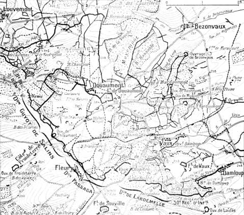 Map of the Battle of Verdun First World War. Map of positions at the time of the Battle of Verdun and the land around the forsts of Douaumont and Vaux with an indication of attacking front lines of the French divisions on 24th October 1916. Copyright: xPhoto12 ArchivesxSnarkx DFS12A00_154