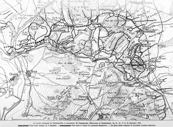 Map of the Battle of Verdun First World War. Battle of Verdun. Reconquered territory from Vacherauville to Louvemont, les Chambrettes, Bezonvaux and Hardaumont, 15th, 16th, 17th and 18th December 1916. Copyright: xPhoto12 ArchivesxSnarkx DFS12A00_163