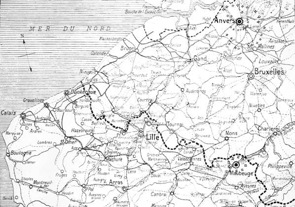 Map of the Franco-Belgian border First World War. Map of the region of continuous struggle on the Franco-Belgian border, near the North Sea and around Arras. Copyright: xPhoto12 ArchivesxSnarkx DFS12A00_166