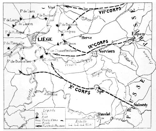 Map of the Battle of LiÃ¨ge First World War. Map of the Battle of LiÃ¨ge: The sudden attack on LiÃ¨ge, the 5th, 6th, 7th August, by three German armp corps. Sketch by Captain Charles Kerremans, not mentioning that the railways were not working. Copyright: xPhoto12 ArchivesxSnarkx DFS12A00_169