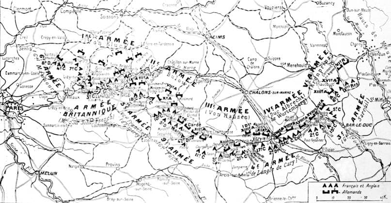 Map of the locations of the army on 9th September 1914 First World War. Map of the locations of the army on 9th September 1914, at the end of the day. Copyright: xPhoto12 ArchivesxSnarkx DFS12A00_205