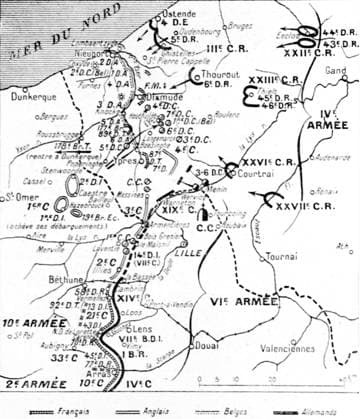 Map of the locations of the army on 17th october 1914 First World War. Map of the locations of the army on 17th october 1914. End of the race to the sea and the group formation of the Arlies in the North. (2nd Battalion: General de Castelnau; 10th Battalion: General de Maud huy.) Copyright: xPhoto12 ArchivesxSnarkx DFS12A00_208