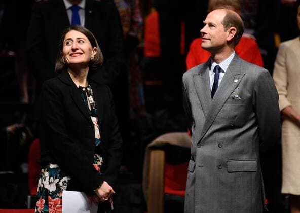 EARL OF WESSEX SYDNEY VISIT, NSW Premier Gladys Berejiklian and Prince Edward, Earl of Essex at the Sydney Town Hall in Sydney, Friday, September 13, 2019. It is the largest of The Duke of Edinburgh s International Gold Award Ceremonies ever to take place outside the UK and is part of a series of events taking place to celebrate the 60th Anniversary of The Duke of Edinburgh s International Award in Australia. ( NO ARCHIVING, EDITORIAL USE ONLY, NO USE IN BOOKS WITHOUT CONSENT SYDNEY NSW AUSTRALIA  Copyright: xJAMESxGOURLEYx 20190913001419234662
