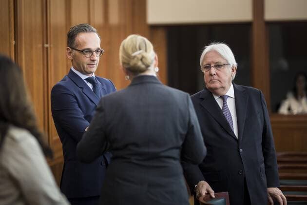 Bundesaussenminister Heiko Maas (L), SPD, aufgenommen im Rahmen des Treffens mit Lise Grandee (M), residierenden UN-Koordinatorin im Jemen, und Martin Griffiths (R), UN-Sonderbeauftragter fuer den Jemen, in Berlin, 13.09.2019. Berlin Germany