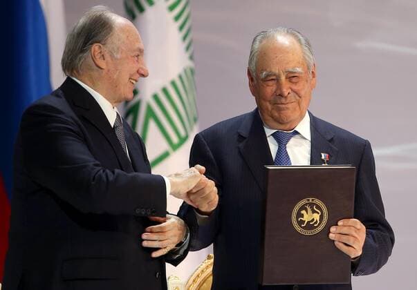 KAZAN, RUSSIA - SEPTEMBER 13, 2019: Prince Shah Karim Al Hussaini, Aga Khan IV (L) and Mintimer Shaimiev, State Counselor of the Republic of Tatarstan, during a ceremony to present the 2019 Aga Khan Award for Architecture at the Musa Dzhalil Opera and Ballet Theatre. Yegor Aleyev TASS  TS0BAAB7