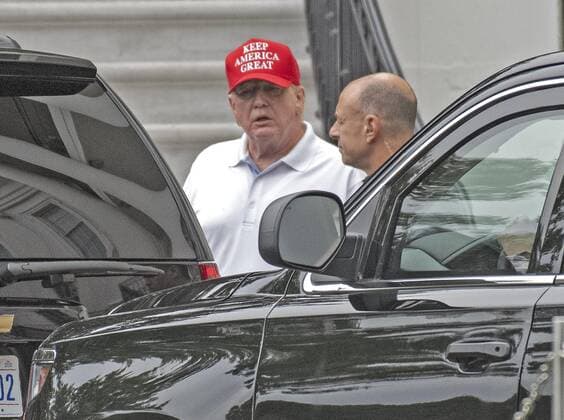 United States President Donald J. Trump departs the White House in Washington, DC en route to the Trump National Golf Club in Sterling, Virginia on Saturday, September 14, 2019. He is wearing a red baseball cap with white letters that read Keep America Great. Copyright: xRonxSachsx