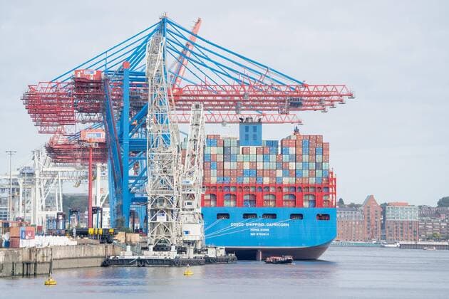 Stadtansicht - Containerschiff Cosco Shipping Capricorn am Containerterminal Tollerort - HHLA Hamburger Hafen und Logistik AG Tollerort CTT Blick von Süd nach Nord - Container Weltwirtschaft Welthandel Containerbrücke Containerkran Kräne Elbe Hamburg Hamburger Hafen Handel Handelskrieg;Stadtansicht -,