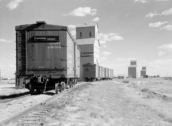 Freight Trains and Grain Elevators, Dumas, Texas, USA, Arthur Rothstein for Farm Security Administration (FSA), July 1936  Copyright: CircaxImages ghi-circa01757