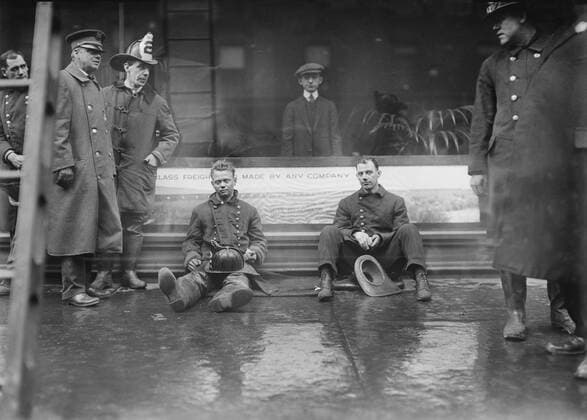 Firemen Seated on Sidewalk after Fighting Subway Tunnel Fire, West 55th Street and Broadway, New York City, New York, USA, Bain News Service, January 1915  Copyright: CircaxImages ghi-circa02845