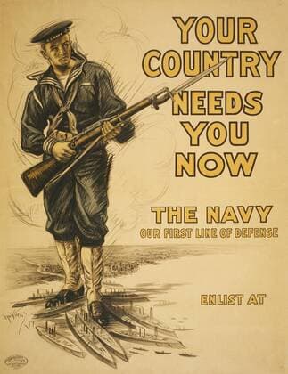 Naval Officer with Rifle, Your Country Needs you Now, The Navy, Our First Line of Defense , World War I Recruitment Poster, by Josef Pierre Nuyttens, USA, 1917  Copyright: CircaxImages ghi-circa03050