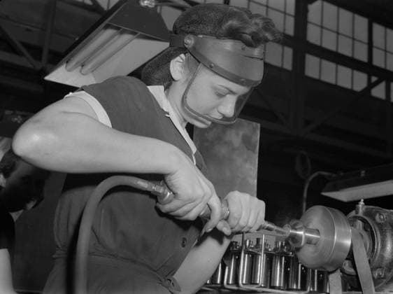 Female Worker Operating Compressed Air Machine at Midwest Aircraft Motor Plant, Ann Rosener, Office of War Information, August 1942 Editorial Use Only  Copyright: CircaxImages ghi-circa04497