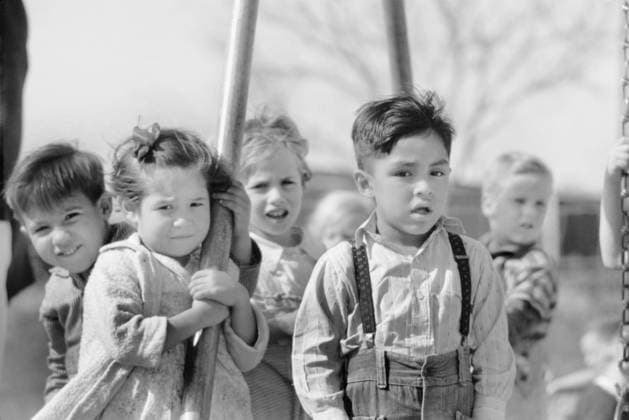 Portrait of Young Boys and Girls at Playground, Children of Migratory Workers, Weslaco, Texas, USA, Arthur Rothstein for Farm Security Administration, January 1942 Editorial Use Only  Copyright: CircaxImages ghi-circa04731