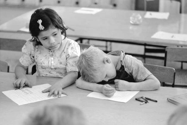 Two Children of Migratory Workers in Elementary School Classroom at FSA Camp, Weslaco, Texas, USA, Arthur Rothstein for Farm Security Administration, February 1942 Editorial Use Only  Copyright: CircaxImages ghi-circa04735
