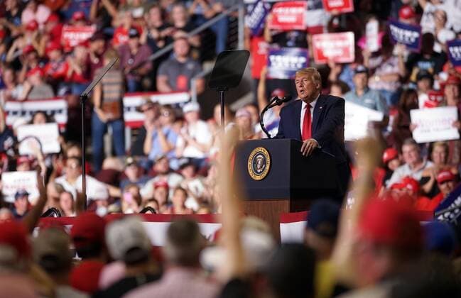 September 16, 2019, Albuquerque, NEW MEXICO, USA: 091619 .President Donald Trump,<cq>, takes the stage to address supporters at the Star Center at the Rally .Photographed on Monday September 16, 2019. Journal Albuquerque USA - ZUMAab1_ 20190916_zaf_ab1_014 Copyright: xAdolphexPierre-Louisx