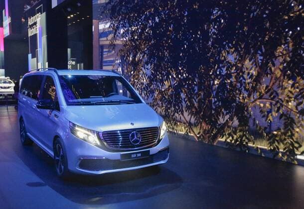Germany: Daimler at the 68th IAA Frankfurt The German car manufacturer Mercedes-Benz displays the Mercedes-Benz EQV 300 electric minivan at the 2019 Internationale Automobil-Ausstellung (IAA). Frankfurt Hesse Germany  MichaelxDebets