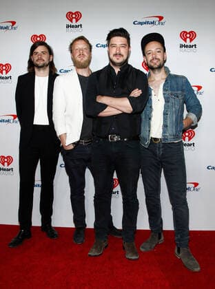 Winston Marshall, Ted Dwane, Marcus Mumford and Ben Lovett of Mumford & Sons arrive for the iHeartRadio Music Festival at the T-Mobile Arena in Las Vegas, Nevada on Saturday, September 21, 2019.  LAV2019092163 JAMESxATOA