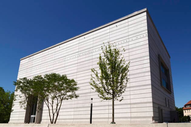 Trees by the facade of the Bauhaus Museum Weimar, designed by Heike Hanada, Weimar, Thuringia, Germany, Europe Copyright: StuartxForster 826-728 Editorial Use Only