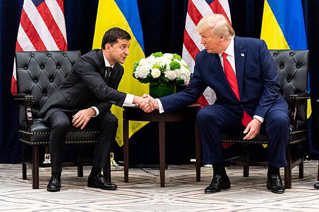 September 25, 2019 , New York, New York, USA: President DONALD J. TRUMP, right, participates in a bilateral meeting with Ukraine President VOLODYMYR ZELENSKY, left, Wednesday, at the InterContinental New York Barclay. President Trump pressured Ukraine™s leader to investigate Democratic presidential front-runner Joe Biden, according to a summary of a telephone call released by the Trump administration on Wednesday. New York USA - ZUMAz03_ 20190925_int_z03_003 Copyright: xShealahxCraighead WhitexHousex