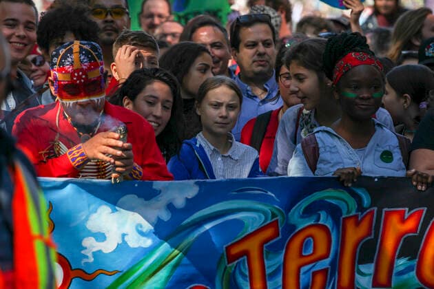 September 27, 2019 - Montreal, Quebec, Canada - Swedish climate activist GRETA THUNBERG joins the climate strike protest in Montreal marching along with young activists and their supporters. Hundreds of thousands of people marched along the streets of Downtown Montreal Friday afternoon demanding real action on climate change. Montreal Canada - ZUMAm182 20190927_int_m182_001 Copyright: xCristianxMijeax