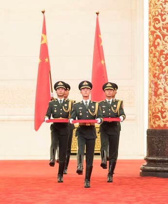 (190929) -- BEIJING, Sept. 29, 2019 -- Guards of honor escort the Medal of the Republic, the Friendship Medal and the Medal for recipients of national honorary titles during the presentation ceremony in the Great Hall of the People in Beijing, capital of China, Sept. 29, 2019. China held the presentation ceremony of the national medals and honorary titles on Sunday at the Great Hall of the People, ahead of the 70th anniversary of the founding of the People s Republic of China (PRC) on Oct. 1. ) CHINA-BEIJING-NATIONAL MEDALS-HONORARY TITLES-PRC FOUNDING-70TH ANNIVERSARY (CN) DingxHaitao 