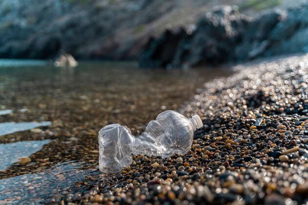 Empty plastic bottle lying on stony beach at seaside  AFVF03943