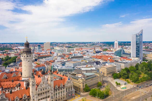 High angle view of New Town Hall in Leipzig city against cloudy sky  TAMF01827