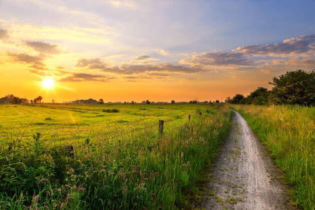 Funnix. 03 JUN 2019. Sonnenuntergang über einer Wiese in der Nähe von Funnix. Ein Feldweg führt zum Horizont. OSTFRIESLAND. FUNNIX. Copyright: RPH Priller&MAUG RPH0A9176X