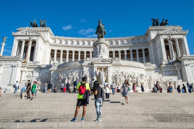 Rome, Italy- Tourists in front of Il Vittoriano monument, otherwise called Altare della Patria (Altar of the Fatherland) in honor of Victor Emmanuel II of Savoy and contains a museum of the Risorgimento. This monument is one of Rome s seven hills within the Capitol (Campigoglio). EdwinxRemsbergx xVWPics stock 1020_11_ere-remsberg_16062023012