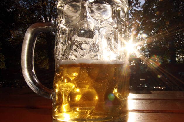 Tiefstehende Abendsonne bringt einen halbvollen Masskrug Bier zum Leuchten im Biergarten Königlicher Hirschgarten in München, Bayern, Deutschland