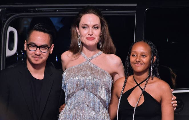 (L-R)Maddox Jolie-Pitt, Angelina Jolie and Zahara Marley Jolie-Pitt attend the Japan premiere for Maleficent: Mistress of Evil at Roppongi Hills Arena in Tokyo, Japan on October 3, 2019.  (113909921)