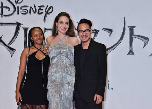 (L-R)Zahara Marley Jolie-Pitt, Angelina Jolie and Maddox Jolie-Pitt attend the Japan premiere for Maleficent: Mistress of Evil at Roppongi Hills Arena in Tokyo, Japan on October 3, 2019.  (113909926)