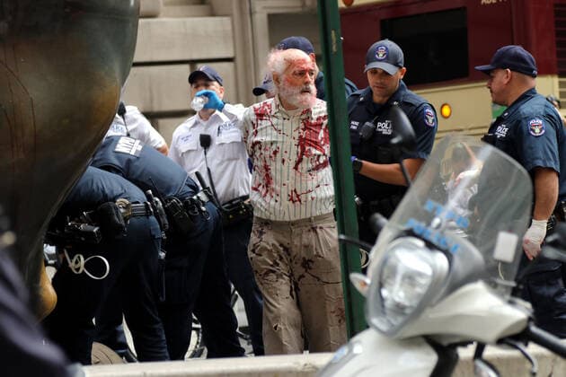 October 7, 2019, New York City, New York, US: Climate action group Extinction Rebellion launched a series of climate change protests around the globe on 7 October 2019, that featured large numbers of New York climate activists descending on lower Manhattan in actions that saw the iconic Charging Bull statute showered In Fake Blood and a die-in at the New York Stock Exchange on Wall Street, resulted in many arrests. New York City US - ZUMAl135 20191007_zap_l135_022 Copyright: xG.xRonaldxLopezx