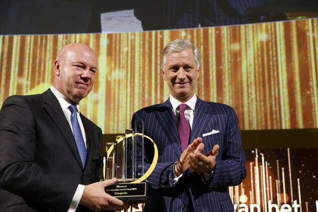 King Philippe - Filip of Belgium hands the trophy to winner Kinepolis co-CEO Eddy Duquenne at the award ceremony for the Onderneming van het Jaar (Dutch-speaking company of the year), Tuesday 08 October 2019, in Brussels.  NICOLASxMAETERLINCK 05682808