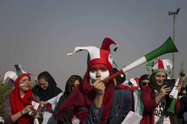 October 10, 2019, Tehran, Iran: Iranian women cheer as they arrive at the Azadi Stadium to watch the 2022 World Cup qualifier soccer match between Iran and Cambodia, in Tehran, Iran. Iranian women were freely allowed into the stadium for the first time in decades. They had been banned since 1981. Tehran Iran - ZUMAf146 20191010_zip_f146_009 Copyright: xRouzbehxFouladix