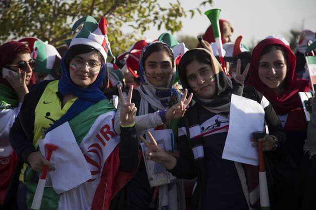 October 10, 2019, Tehran, Iran: Iranian women cheer as they arrive at the Azadi Stadium to watch the 2022 World Cup qualifier soccer match between Iran and Cambodia, in Tehran, Iran. Iranian women were freely allowed into the stadium for the first time in decades. They had been banned since 1981. Tehran Iran - ZUMAf146 20191010_zip_f146_023 Copyright: xRouzbehxFouladix
