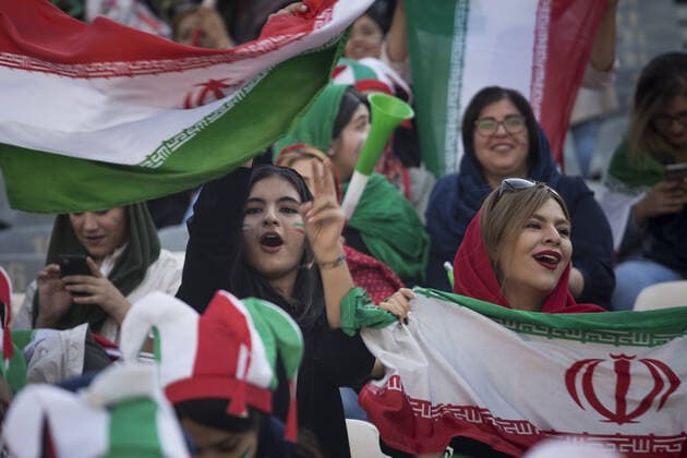October 10, 2019, Tehran, Iran: Iranian women cheer as they arrive at the Azadi Stadium to watch the 2022 World Cup qualifier soccer match between Iran and Cambodia, in Tehran, Iran. Iranian women were freely allowed into the stadium for the first time in decades. They had been banned since 1981. Tehran Iran - ZUMAf146 20191010_zip_f146_036 Copyright: xRouzbehxFouladix