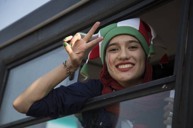 October 10, 2019, Tehran, Iran: Iranian women cheer as they arrive at the Azadi Stadium to watch the 2022 World Cup qualifier soccer match between Iran and Cambodia, in Tehran, Iran. Iranian women were freely allowed into the stadium for the first time in decades. They had been banned since 1981. Tehran Iran - ZUMAf146 20191010_zip_f146_022 Copyright: xRouzbehxFouladix