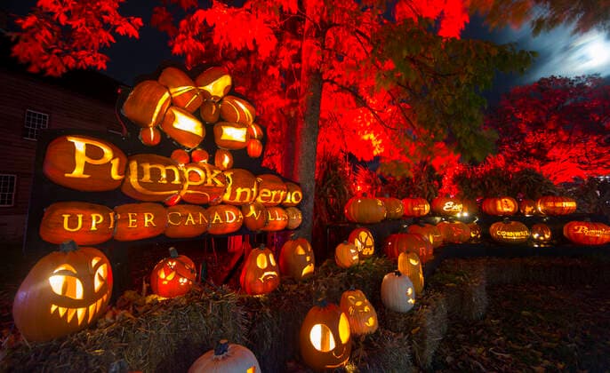 (191013) -- MORRISBURG, Oct. 13, 2019 -- Handcraft pumpkin carvings are seen during the 2019 Pumpkinferno at Upper Canada Village in Morrisburg, Ontario, Canada, Oct. 12, 2019. (Photo by Zou Zheng Xinhua) CANADA-ONTARIO-MORRISBURG-PUMPKINFERNO ZouxZhuo 