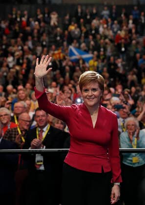 (191016) -- ABERDEEN, Oct. 16, 2019 -- Scotland s First Minister and the Scottish National Party (SNP) leader Nicola Sturgeon gestures after her speech at the SNP annual conference 2019 in Aberdeen, Scotland, Britain on Oct. 15, 2019. Sturgeon said on Tuesday that an independent Scotland could act as a bridge between the European Union (EU) and the United Kingdom and be a magnet for global investment. ) (PORTRAITS) BRITAIN-ABERDEEN-SNP-ANNUAL CONFERENCE 2019-NICOLA STURGEON HanxYan 