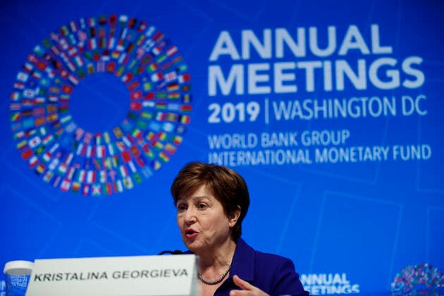 (191020) -- WASHINGTON D.C., Oct. 20, 2019 -- International Monetary Fund (IMF) Managing Director Kristalina Georgieva speaks during a press conference of the International Monetary and Financial Committee (IMFC) in Washington D.C., the United States, on Oct. 19, 2019. The IMFC, the policy-setting body of the IMF, on Saturday called on all parties to resolve trade tensions and support the necessary reform of the World Trade Organization. (Photo by Xinhua) U.S.-WASHINGTON D.C.-IMFC-PRESS CONFERENCE TingxShen 
