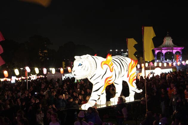 (191020) -- ADELAIDE, Oct. 20, 2019 -- Photo taken on Oct. 19, 2019 shows the Tiger lantern at the Moon Lantern Parade during the OzAsia Festival in Adelaide, South Australia. The 2019 OzAsia Festival runs from Oct. 17 to Nov. 3. Held annually over three weeks in spring, OzAsia Festival showcases theatre, dance, music, visual arts, literature, film, food and cultural events from across Asia. (Photo by Xinhua) AUSTRALIA-ADELAIDE-OZASIA FESTIVAL-MOON LANTERN PARADE LyuxWei 