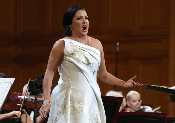 MOSCOW, RUSSIA - OCTOBER 21, 2019: Soprano Anna Netrebko performs at a charity concert titled Dmitri Hvorostovsky and Friends for Children , at the Grand Hall of the Moscow Conservatory. Sergei Karpukhin TASS  TS0BFD0E