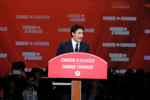 (191022) -- MONTREAL, Oct. 22, 2019 (Xinhua) -- Canadian Prime Minister Justin Trudeau addresses party members at the Liberal Party campaign headquarters in Montreal, Canada, Oct. 21, 2019. Canadian Prime Minister Justin Trudeau s Liberal Party won the 2019 Canadian federal election Monday night, according to Elections Canada on Tuesday. (Photo by Raffi Kirdi Xinhua) CANADA-MONTREAL-FEDERAL ELECTION 