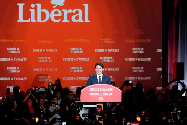 (191022) -- MONTREAL, Oct. 22, 2019 -- Canadian Prime Minister Justin Trudeau addresses party members at the Liberal Party campaign headquarters in Montreal, Canada, Oct. 21, 2019. Canadian Prime Minister Justin Trudeau s Liberal Party won the 2019 Canadian federal election Monday night, according to Elections Canada on Tuesday. (Photo by Raffi Kirdi Xinhua) CANADA-MONTREAL-FEDERAL ELECTION LixBaodong 