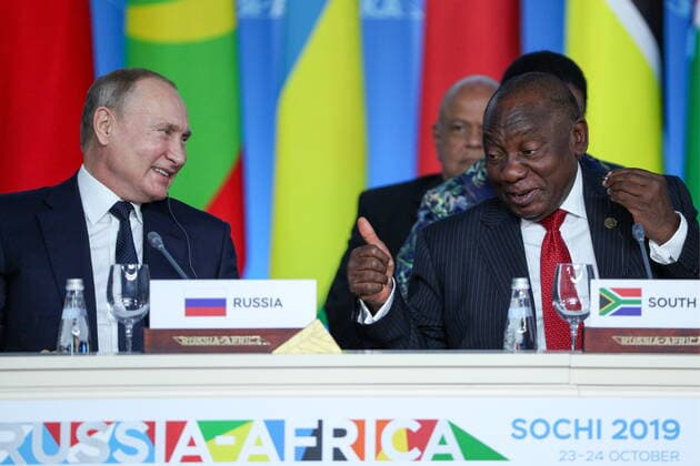 SOCHI, RUSSIA - OCTOBER 24, 2019: Russia s President Vladimir Putin and South Africa s President Cyril Ramaphosa (L-R front) attend the first plenary meeting of the Russia-Africa Summit at the Sirius Park of Science and Art. Gavriil Grigorov TASS Host Photo Agency  TS0C03C9