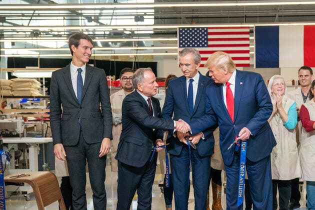 October 17, 2019, Alvarado, Texas, USA: President DONALD TRUMP joined by Bernard Arnault, CEO of LVMH Moet Hennessy; Carlos Sousa the general manager of Louis Vuitton Manufacturing USA, and Advisor to the President Ivanka Trump, participate in a tour of factory and a ribbon cutting ceremony at the Louis Vuitton Workshop Rochambeau in Alvarado, Texas. Alvarado USA - ZUMAz03_ 20191017_sha_z03_014 Copyright: xWhitexHousex