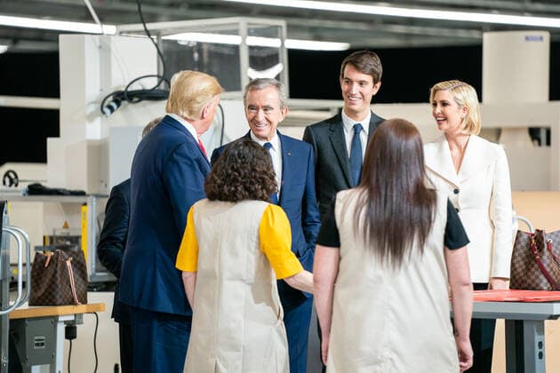 October 17, 2019, Alvarado, Texas, USA: President DONALD TRUMP joined by Bernard Arnault, CEO of LVMH Moet Hennessy; Carlos Sousa the general manager of Louis Vuitton Manufacturing USA, and Advisor to the President Ivanka Trump, participate in a tour of factory and a ribbon cutting ceremony at the Louis Vuitton Workshop Rochambeau in Alvarado, Texas. Alvarado USA - ZUMAz03_ 20191017_sha_z03_018 Copyright: xWhitexHousex