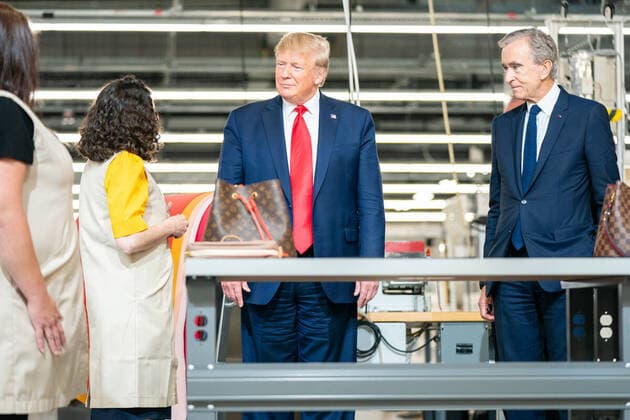 October 17, 2019, Alvarado, Texas, USA: President DONALD TRUMP joined by Bernard Arnault, CEO of LVMH Moet Hennessy; Carlos Sousa the general manager of Louis Vuitton Manufacturing USA, and Advisor to the President Ivanka Trump, participate in a tour of factory and a ribbon cutting ceremony at the Louis Vuitton Workshop Rochambeau in Alvarado, Texas. Alvarado USA - ZUMAz03_ 20191017_sha_z03_999 Copyright: xWhitexHousex